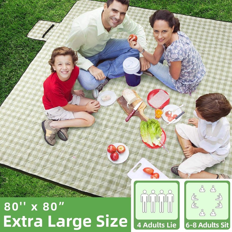 ZAZE Extra Large Picnic Outdoor Blanket, 80''x80'' Waterproof Foldable Blankets Gingham Picnic Mat for Beach, Camping Grass Lawn Park Accessories Cute Couple Gifts Ideas Wedding Registry(Green White) - Image 2